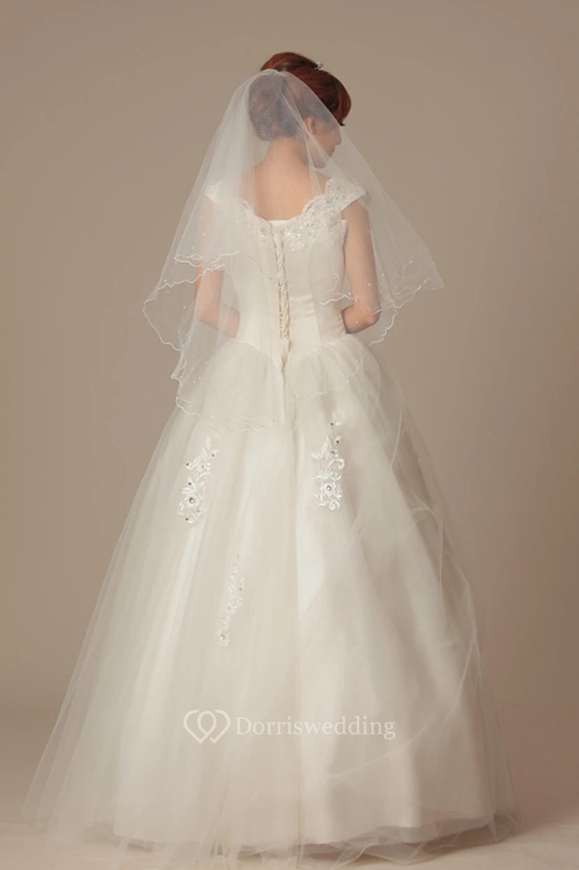 Simple Fingertip Short Tulle Wedding Veil with Beading view 2