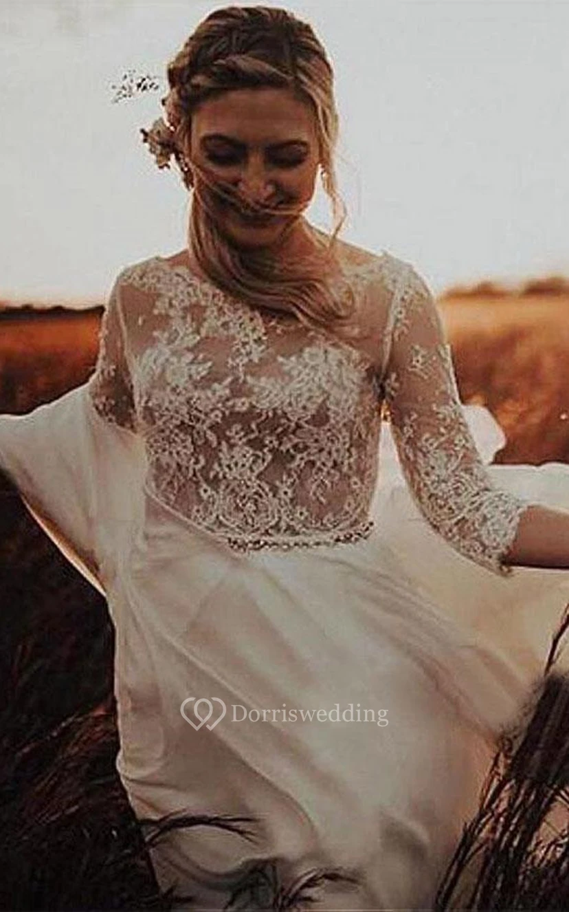 Schlichtes, ländlich anmutendes, langärmeliges Empire-Kleid aus Spitze und Tüll view 3