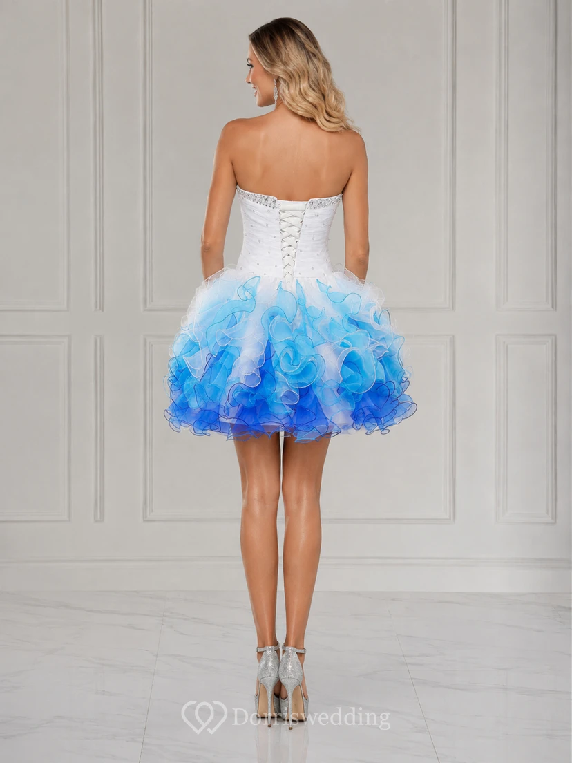 Mini-Kleid mit herzförmigem Herzausschnitt, Perlenbesatz, Rüschen und Schnürung am Rücken view 2