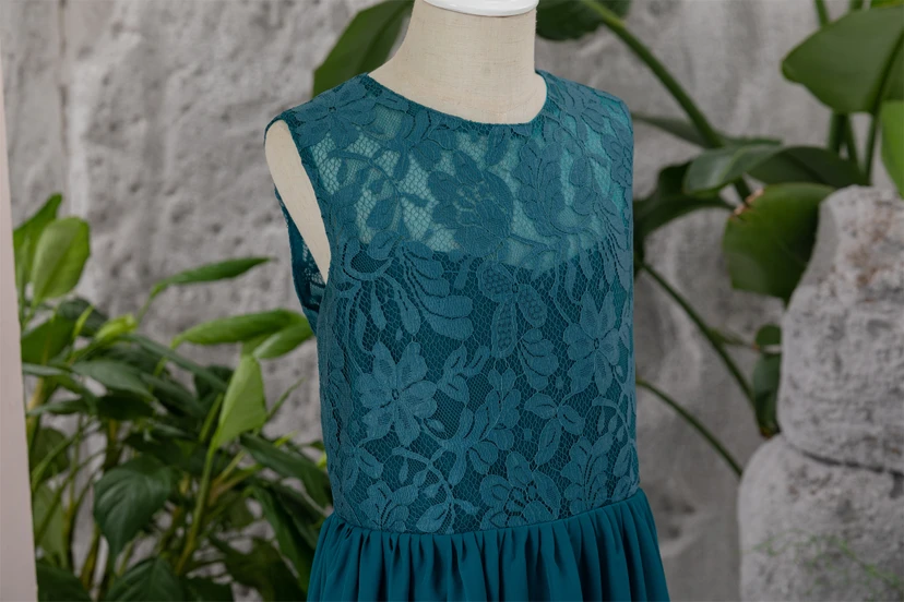 Scoop-neck Sleeveless Floor-length Ink Navy Flowergirl Dress with Lace Top view 9