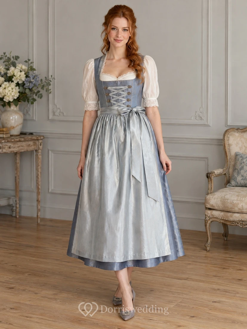 Dirndl vintage champêtre argenté à col carré et manches bouffantes en satin, tablier