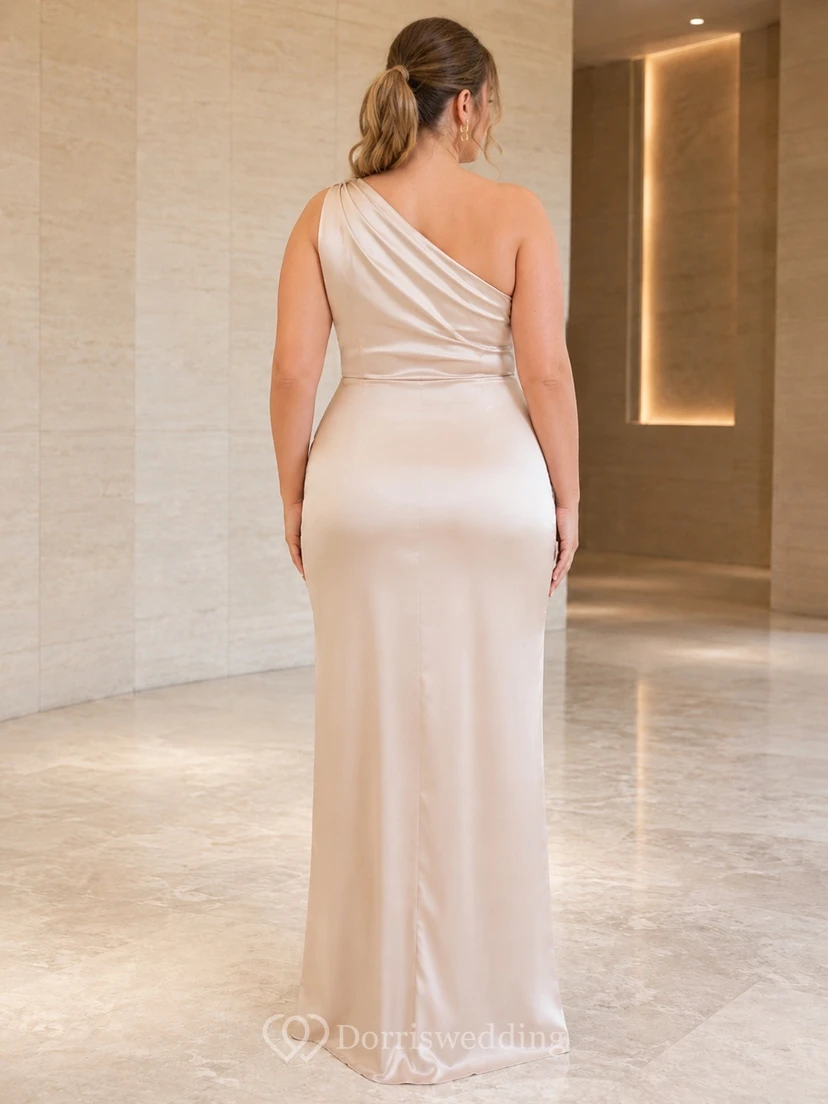 Champagne Satin One-Shoulder Sleeveless Sheath Floor-Length Split Plus-Size Dress view 2