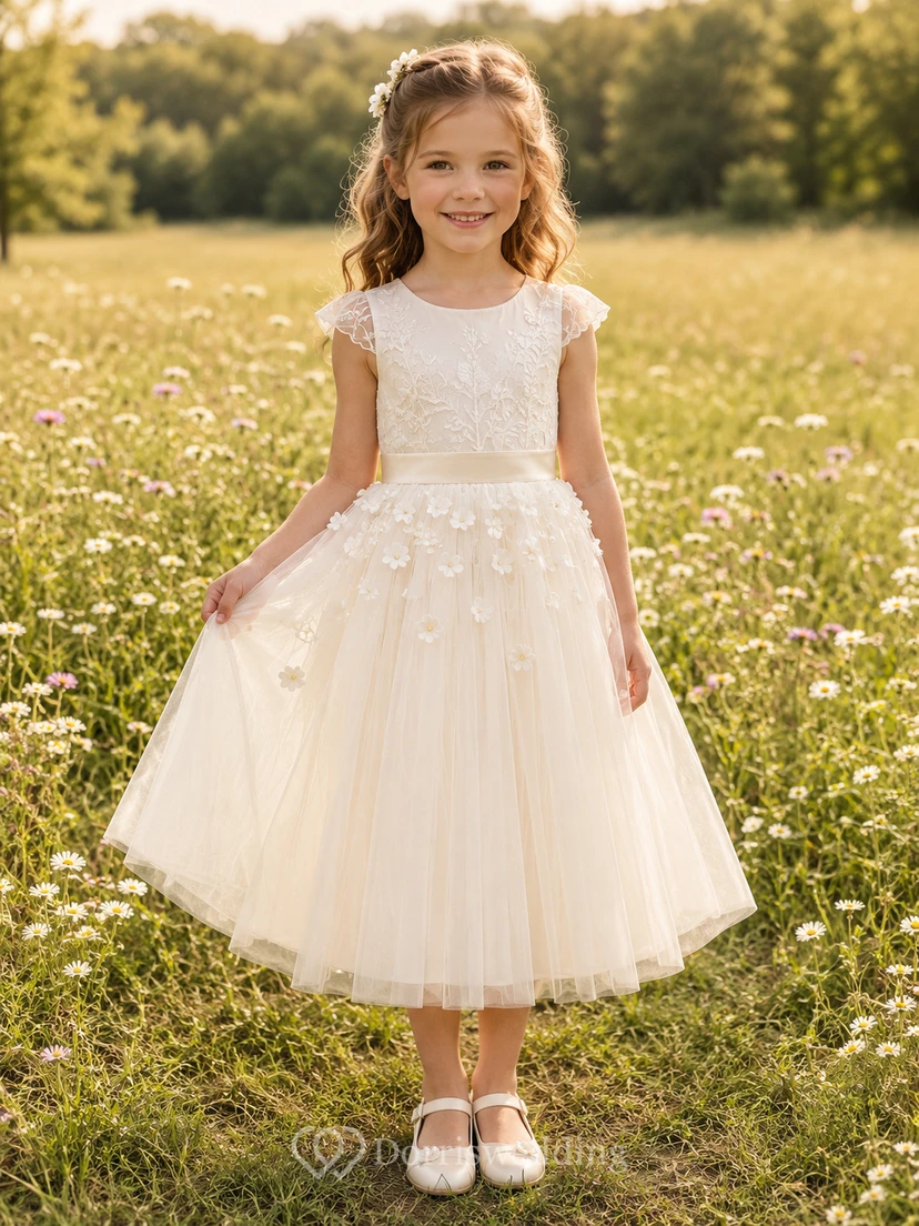 Blumenmädchenkleid aus elfenbeinfarbener Spitze und Tüll, A-Linie, Rundhalsausschnitt, Teelänge, florale Applikationen