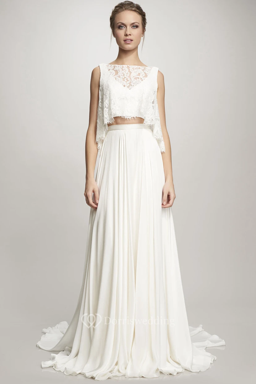 Pleated High Neck Sleeveless Chiffon Wedding Dress
