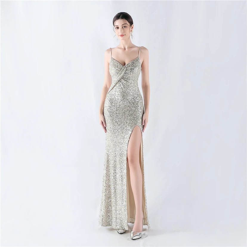Robe de soirée sexy à sequins et fente haute, avec bretelles et encoche cryptée view 55