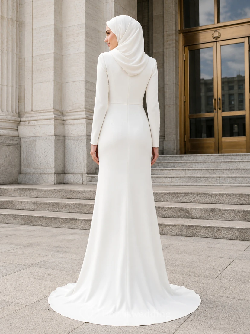 Modest Muslim Minimalist Long Sleeve Crepe Sheath Wedding Dress view 2