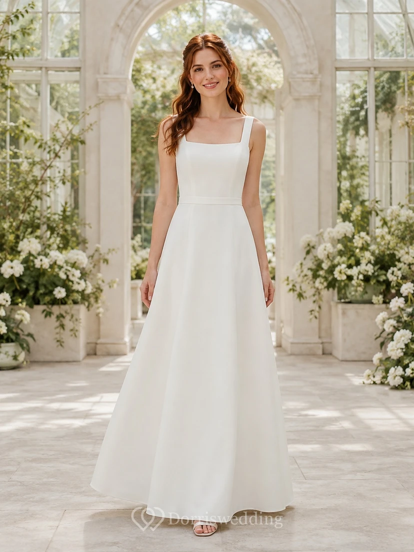 Schlichtes, modernes Brautkleid aus Satin mit eckigem Ausschnitt, Trägern und minimalistischem A-Linien-Schnitt in Bodenlänge