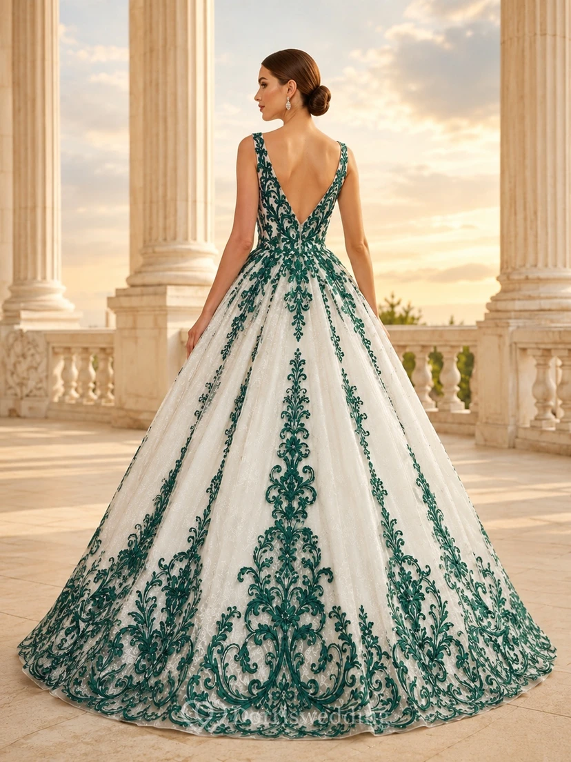Emerald Ornate Bridal Ball Gown V-neck Sleeveless Cathedral Train Luxury Elegant Gown view 2