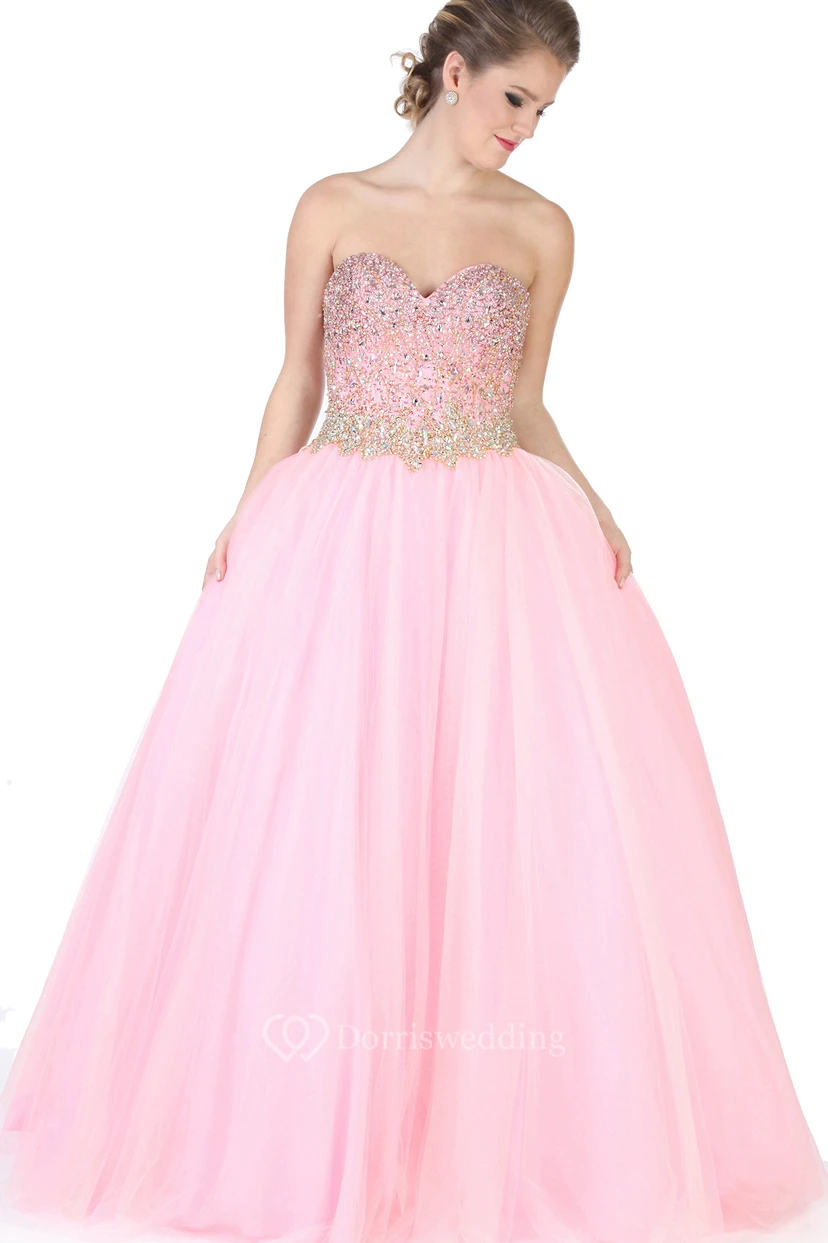 Ball Gown Sleeveless Long Sweetheart Beaded Tulle Prom Dress