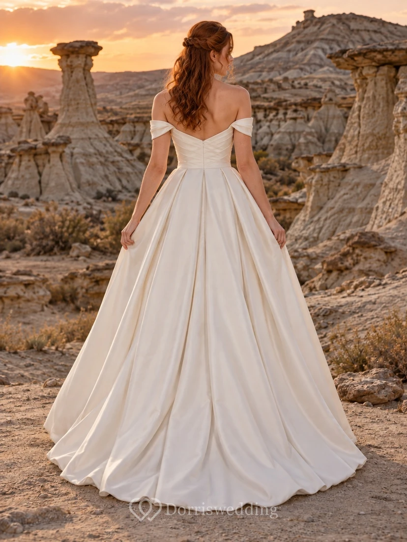 Vestido de novia sencillo de satén plisado de manga corta con escote corazón y hombros descubiertos. view 2