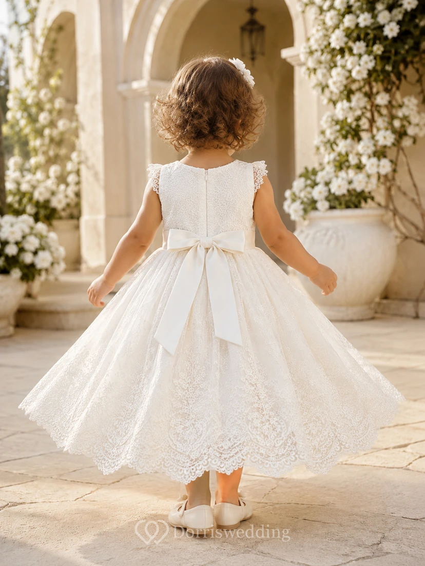 Scalloped Lace Hem Baptism Dress A-Line Tulle Jewel Neck Sleeveless Tea-Length view 2