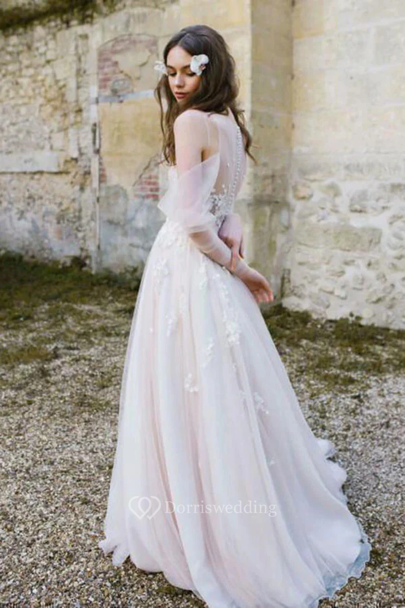 Vestido de novia campestre de corte A con fruncido y tul vaporoso efecto ilusión