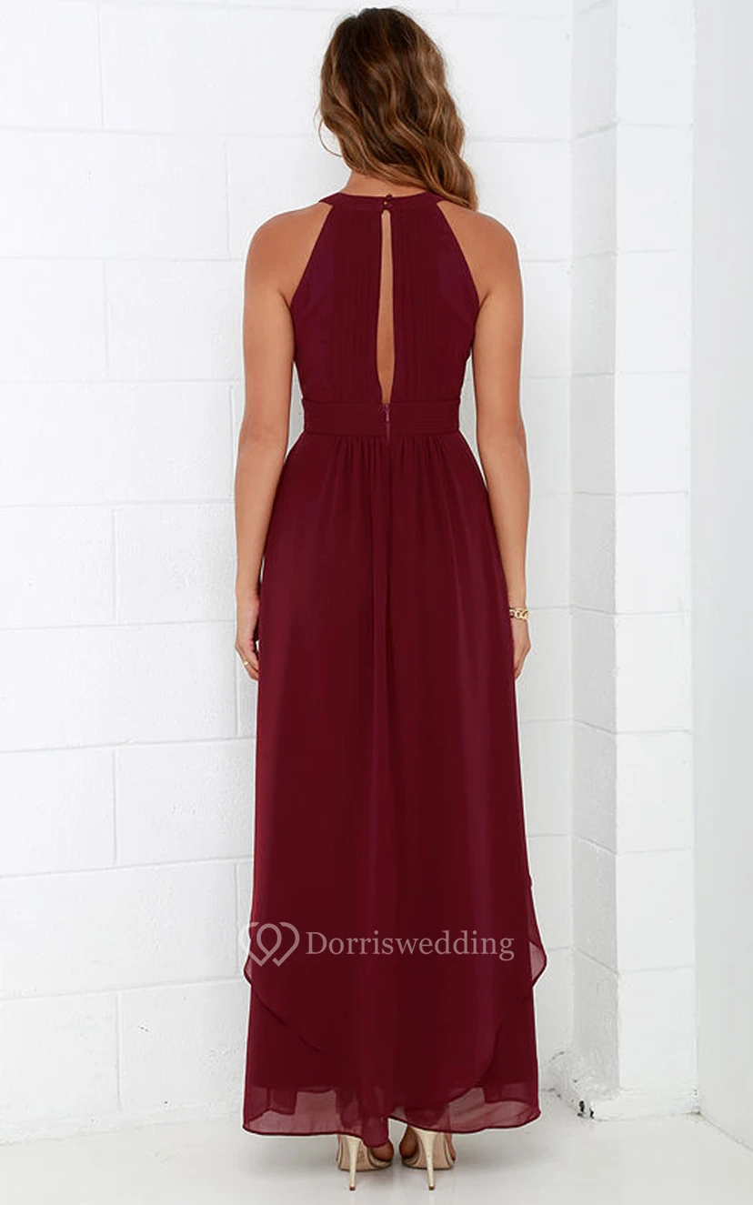 Elegant Burgundy Chiffon Halter Neck Evening Gown with Flowing High-Low Hem view 19