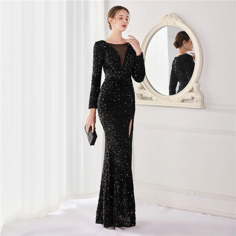Elegantes, langes Paillettenkleid mit langen Ärmeln und Meerjungfrauenschnitt – ein Abendkleid im Aura-Queen-Stil für festliche Anlässe. view 14