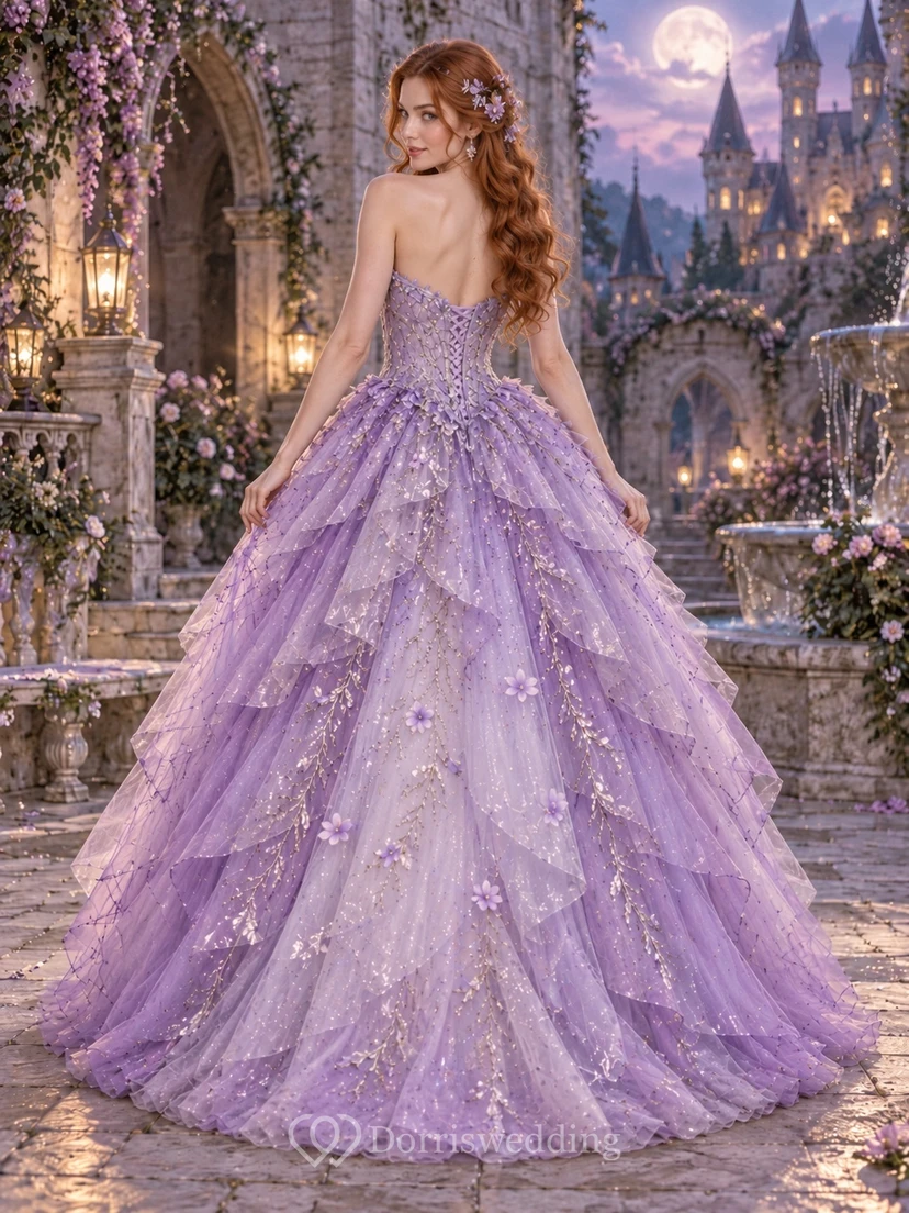 Fairy Lavender Sweetheart Strapless Floral Layered Tulle Princess Ball Gown view 2