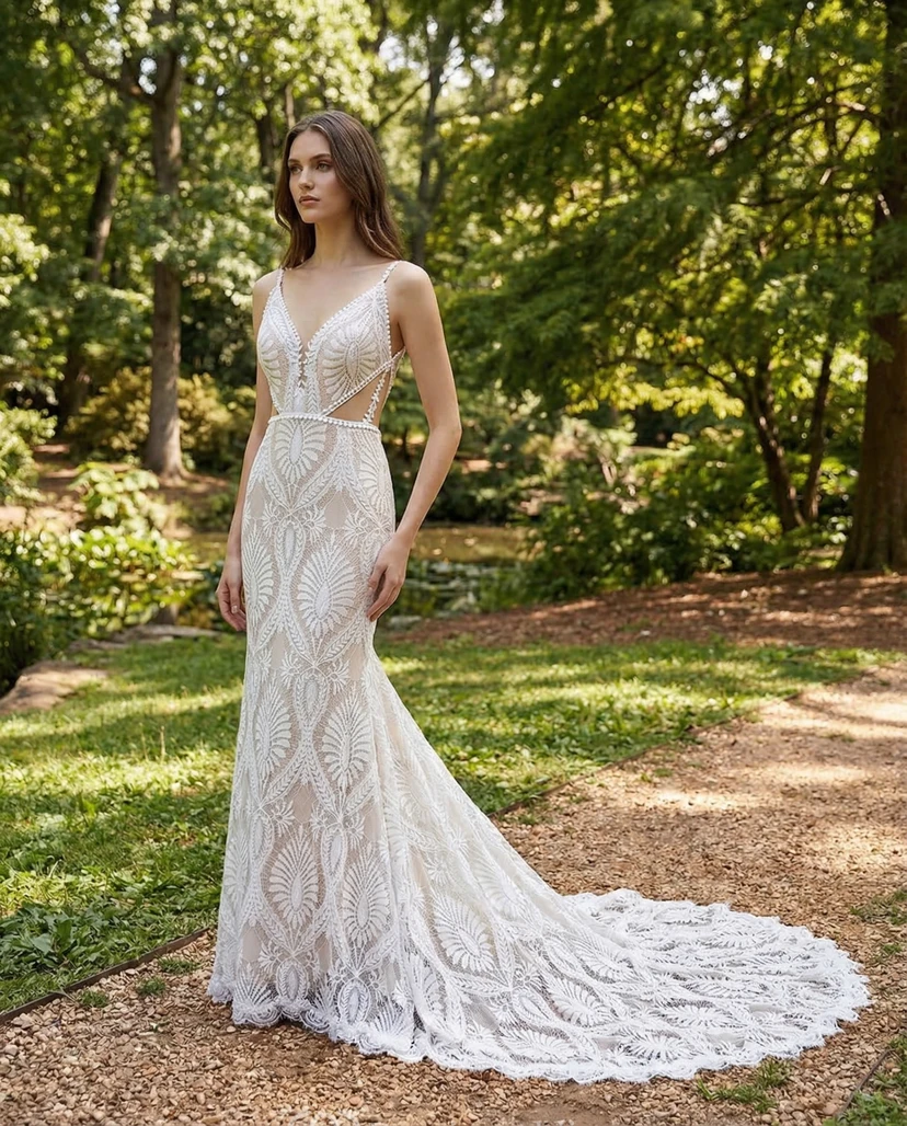 Low-V Back Boho Lace Sheath Wedding Dress
