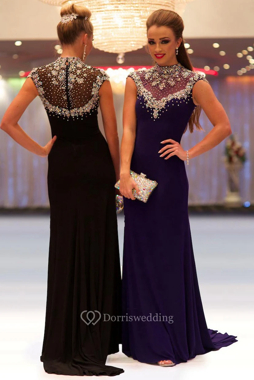 Sheath Beaded Floor-Length High-Neck Cap-Sleeve Jersey Prom Dress view 3