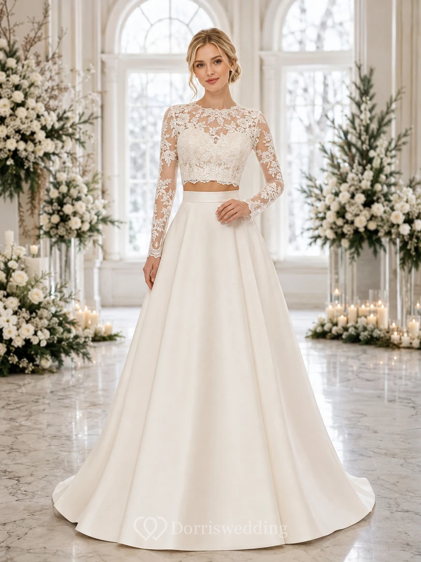 High Neck Long Sleeve Lace Top Satin Winter Bridal Set