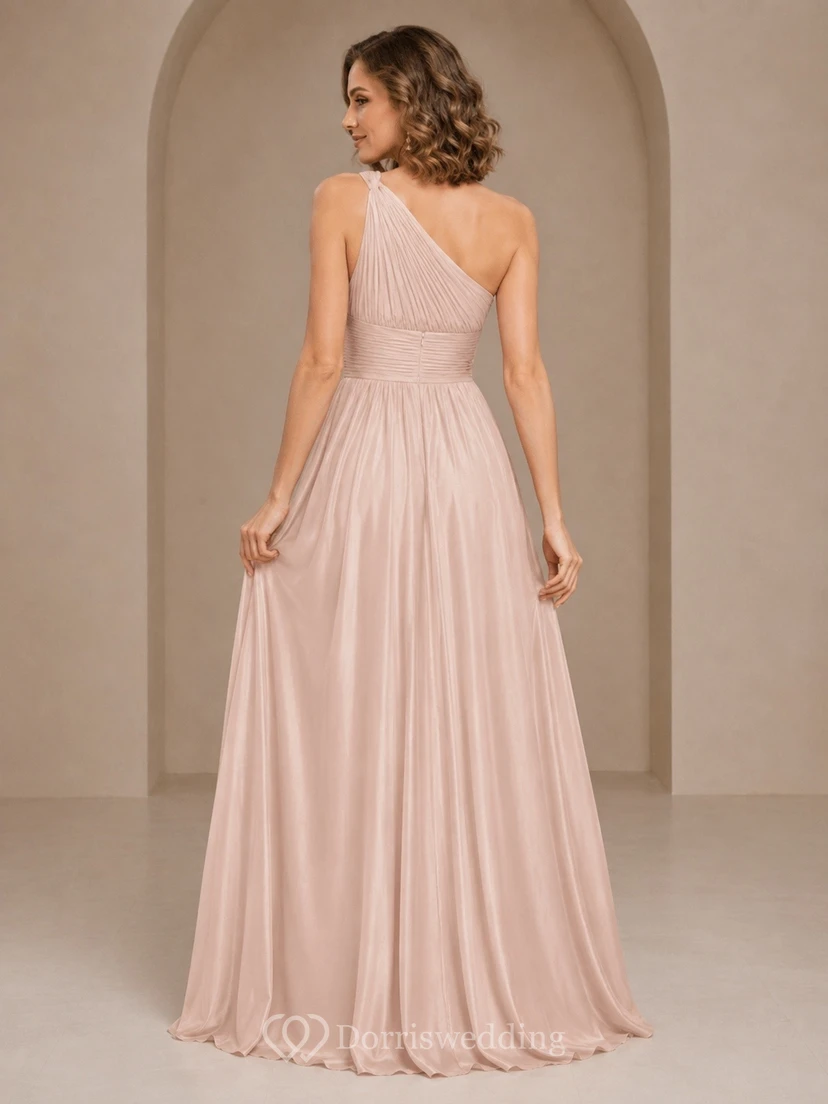 Blush One Shoulder Pleated Chiffon A Line Formal Dress view 2