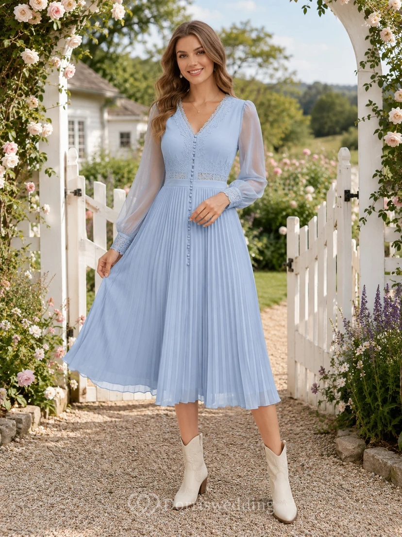 Sky Blue Pleated V-Neck Long Sleeve A-Line Tea-Length Country Vintage Dress
