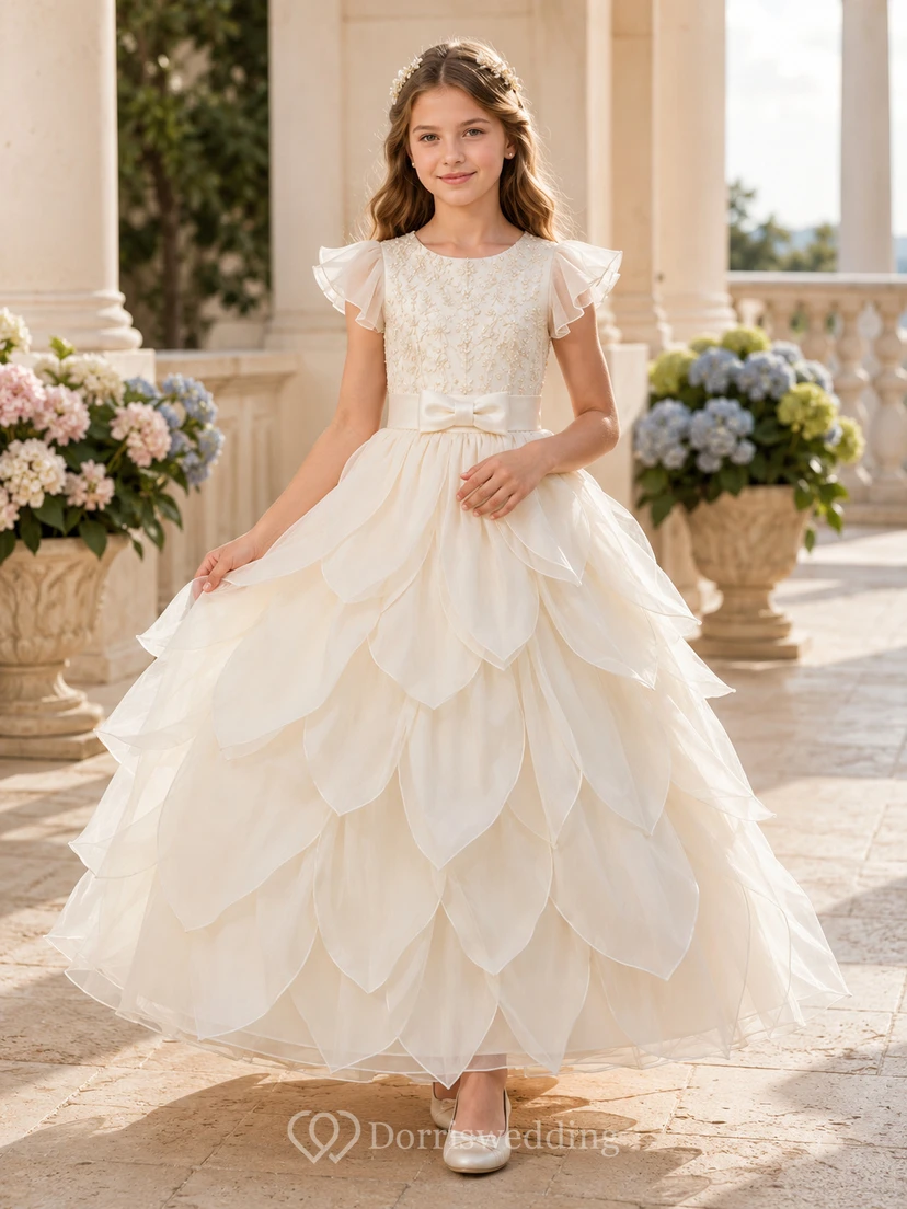 Elfenbeinfarbenes Kommunionskleid für Blumenmädchen mit kurzem, flatterndem Ärmel, knöchellangem Rock und Schmuckkragen aus Organza, Blütenblattmuster und Spitze