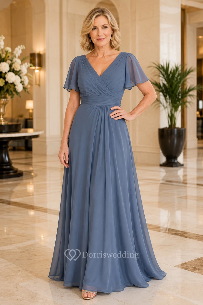 Schieferblaues Chiffon-Kleid in A-Linie mit V-Ausschnitt und Volantärmeln