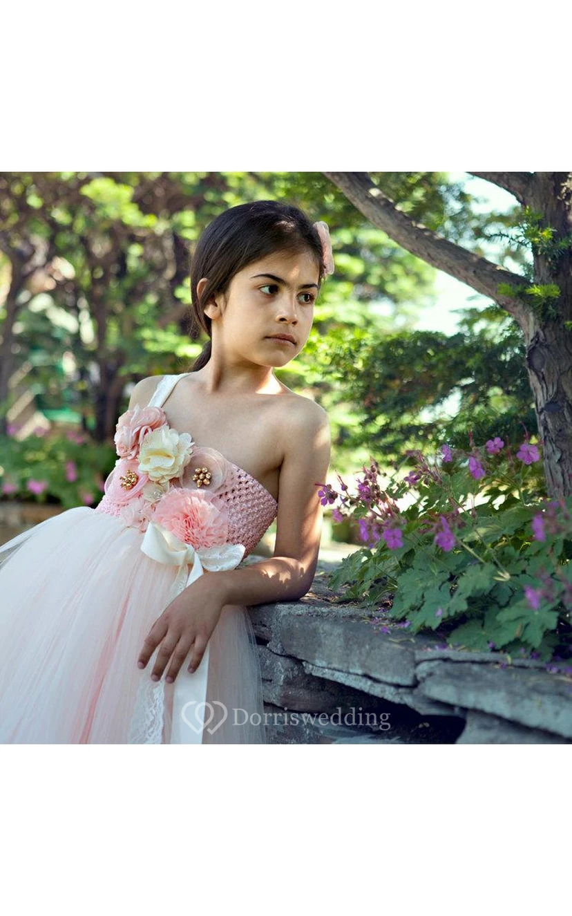 One-shoulder Empire Layered Tulle Ball Gown With Flowers and Sash view 4
