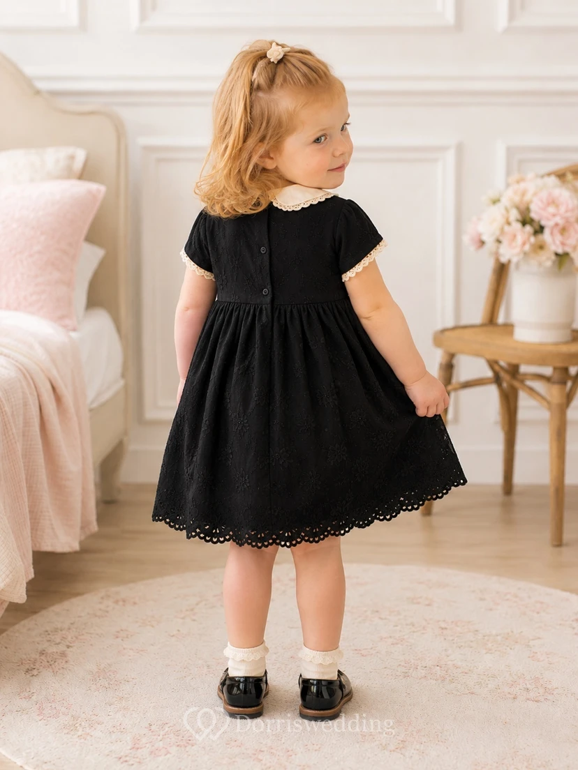 Black Jewel-Neck Cap-Sleeve Cotton Lace A-Line Mini Scalloped Adorable Flowergirl Dress view 2