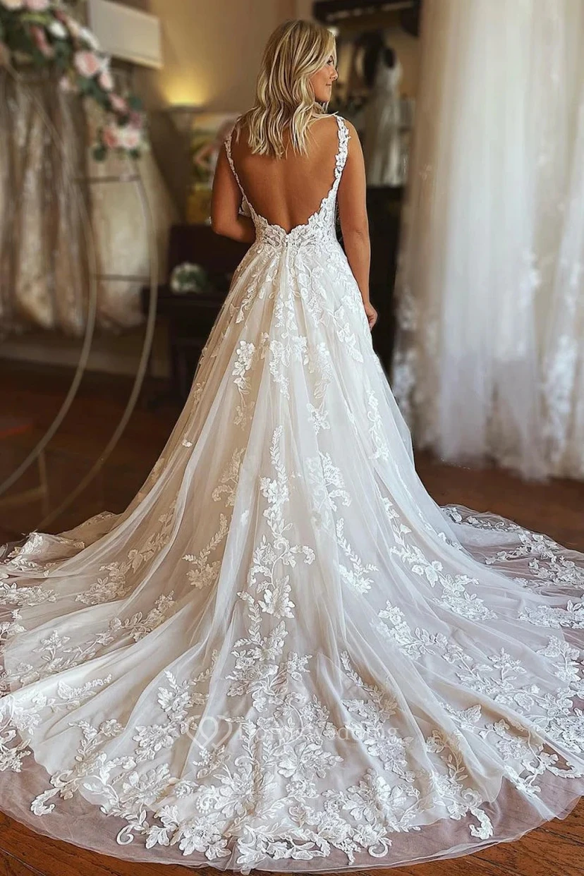 White Lace Backless Wedding Gown with Train view 2