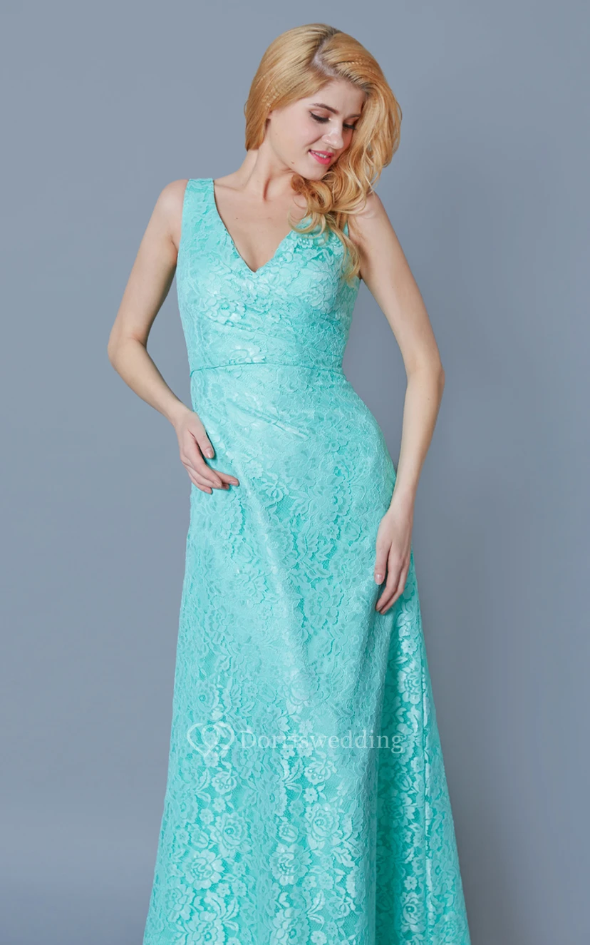Form Fitted Sleeveless Long Lace Dress With Ruching view 2