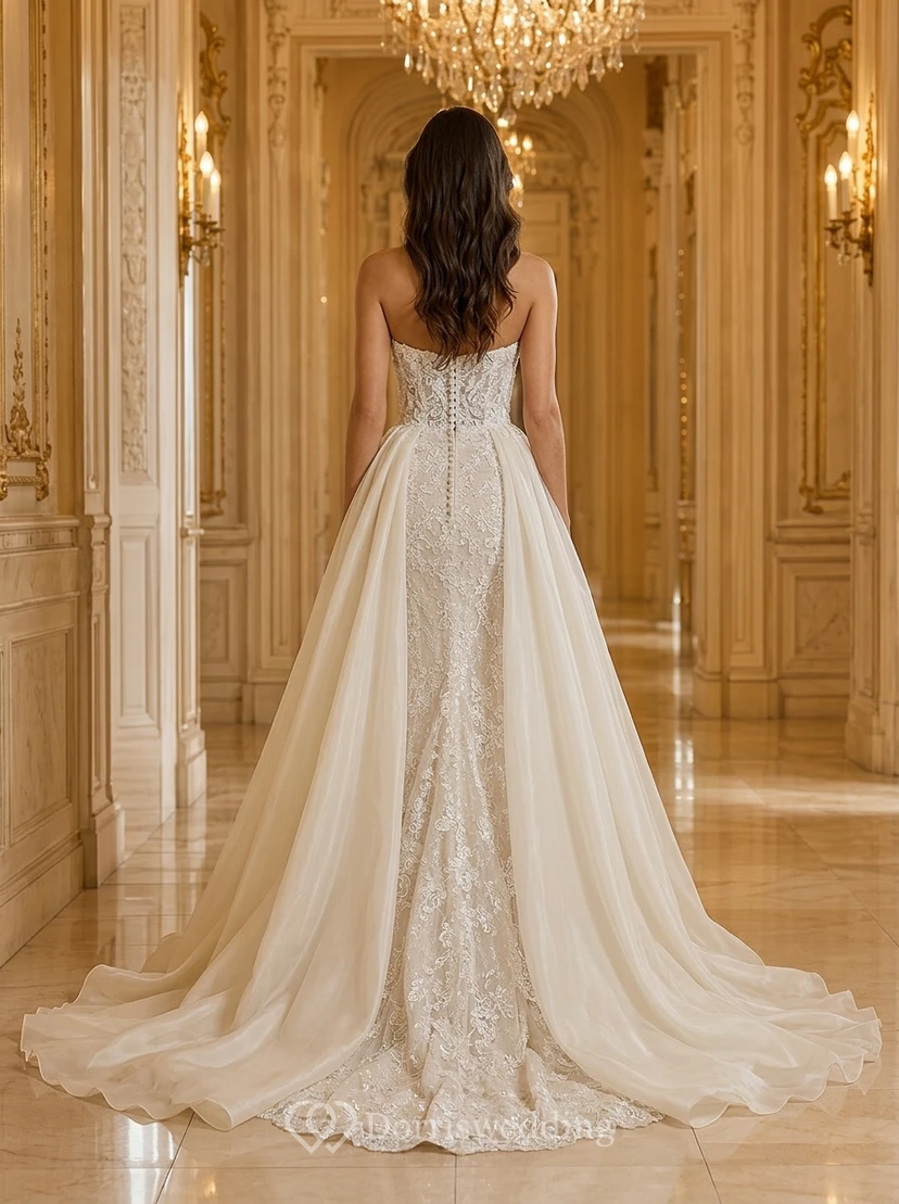 Robe de mariée fourreau en dentelle avec décolleté bustier et surjupe amovible view 2
