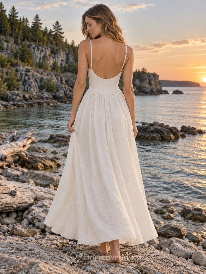 Simple Square Neck Linen Blend Wedding Dress with Fine Straps and Dropped A-Line Waist view 2