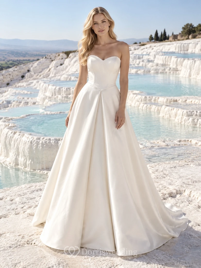 Vestido de novia sencillo sin tirantes, escote corazón, satén plisado, corte en A
