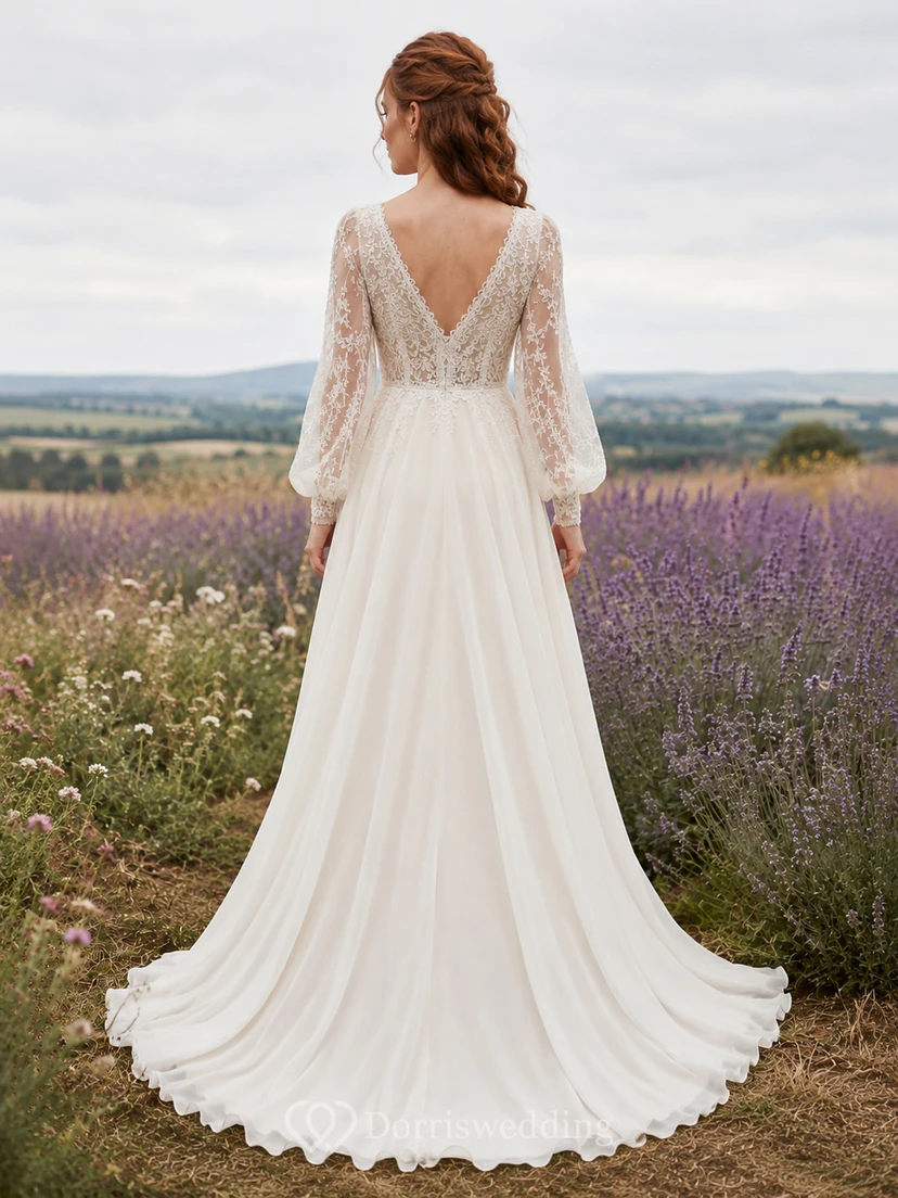Long Sleeve Lace Chiffon Boho Country Garden Wedding Dress view 2