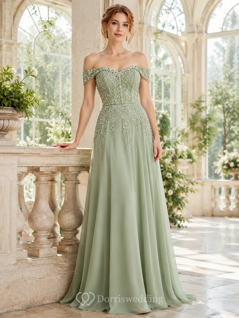 Sage Off Shoulder Pearl Chiffon Formal Dress