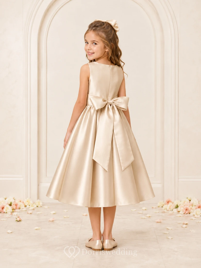 Robe de demoiselle d'honneur champêtre en satin champagne sans manches, longueur thé, coupe trapèze, avec nœud view 2