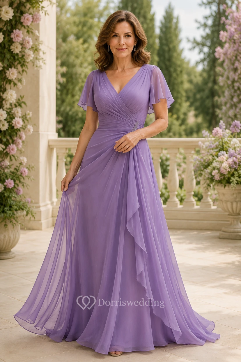 Lila Chiffon-Kleid in A-Linie mit V-Ausschnitt und Volantärmeln