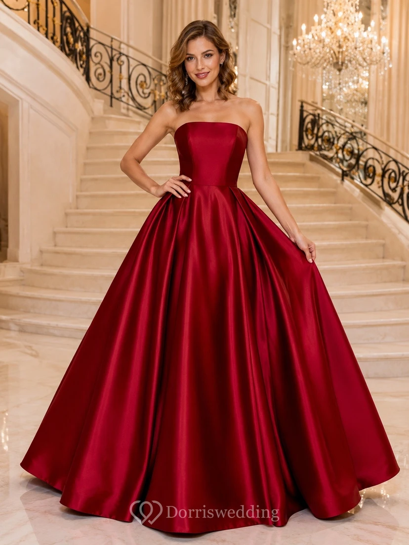 Satin Strapless Sweetheart Burgundy Ball Gown Evening Dress