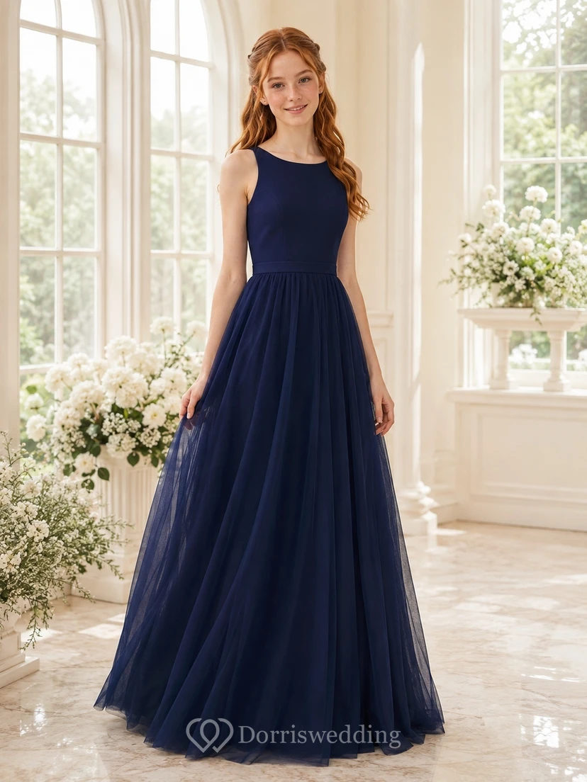 Dark Navy Junior Bridesmaid Dress A-Line Jewel Sleeveless