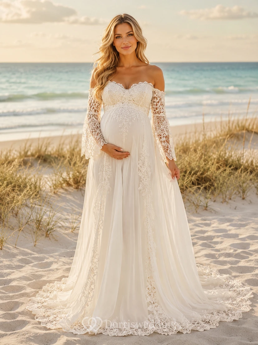 Maternity Wedding Dress Off Shoulder Lace Sleeve A-Line Beach Gown with Sweetheart Neckline