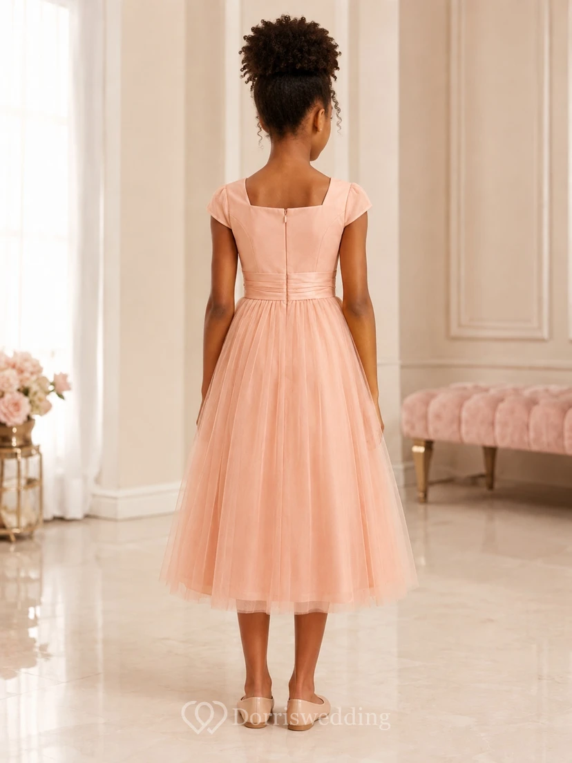 Coral Junior Bridesmaid Dress A-Line Tea-Length Square Short Sleeve Cap Detail Romantic view 2