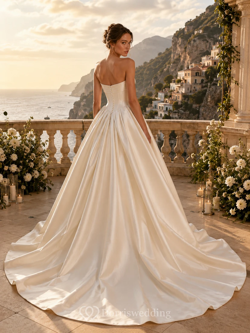 Robe de bal princesse bustier en satin à décolleté cœur et dos nu plongeant, idéale pour un mariage à destination view 2