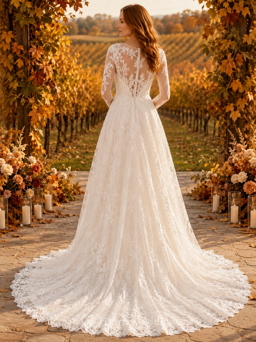 Fall Vineyard Long Sleeve Lace A-Line Wedding Dress view 2