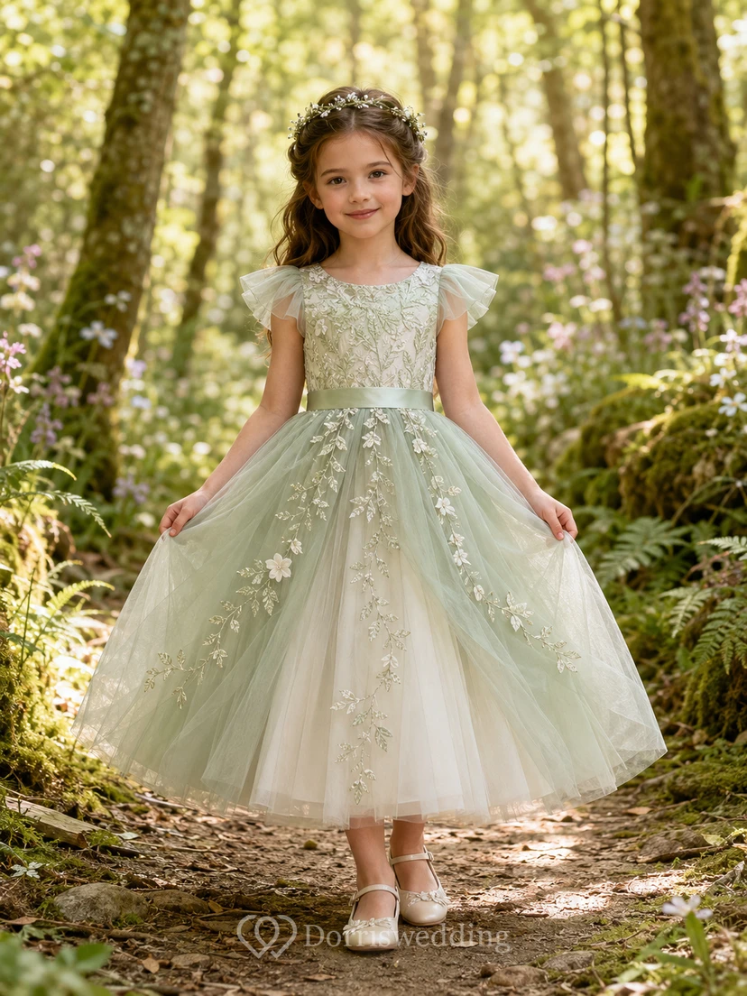 Blumenmädchenkleid aus salbeigrüner Spitze und Tüll, A-Linie, mit flatternden Ärmeln, Rundhalsausschnitt, Teelänge und floraler Applikation