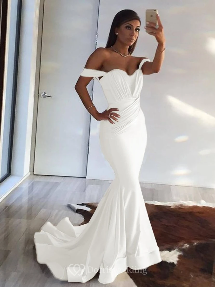Sexy Mermaid Off-the-shoulder Sheath Champagne Ruched Evening Prom Dress view 18