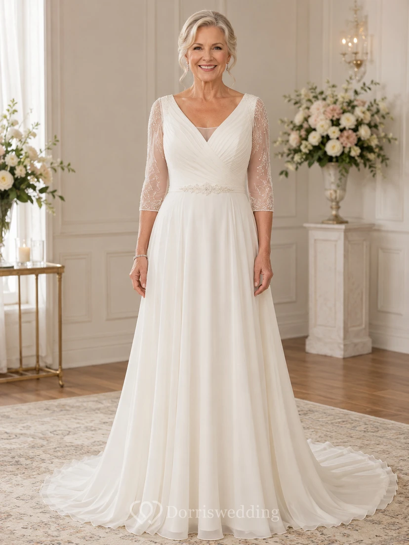 Plus Size Chiffon-Hochzeitskleid in A-Linie für ältere Bräute mit V-Ausschnitt und Spitzenärmeln