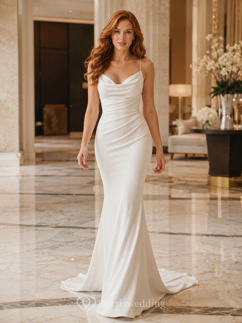 Minimalist Stretch Satin Wedding Dress Mermaid Spaghetti Strap Sweep Train Low V Back Bridal Gown