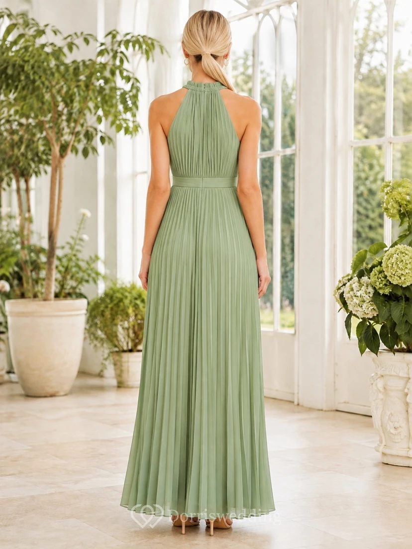 Sage Green High Neck Sleeveless Chiffon A-Line Floor-Length Dress view 2