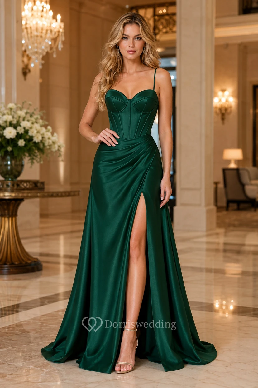 Robe de soirée sirène en satin vert foncé, bretelles spaghetti et traîne fendue