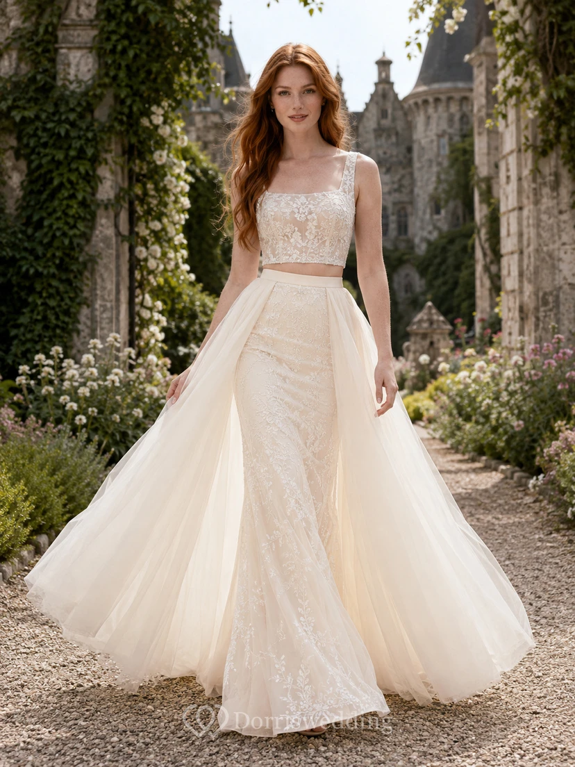 Robe deux pièces en dentelle, courte et en tulle, avec surjupe, style jardin de château